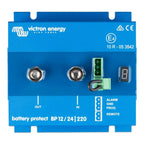 Victron Energy blue battery protect BP 12/24/220 device with two metal terminals, green terminal block, digital display, and 