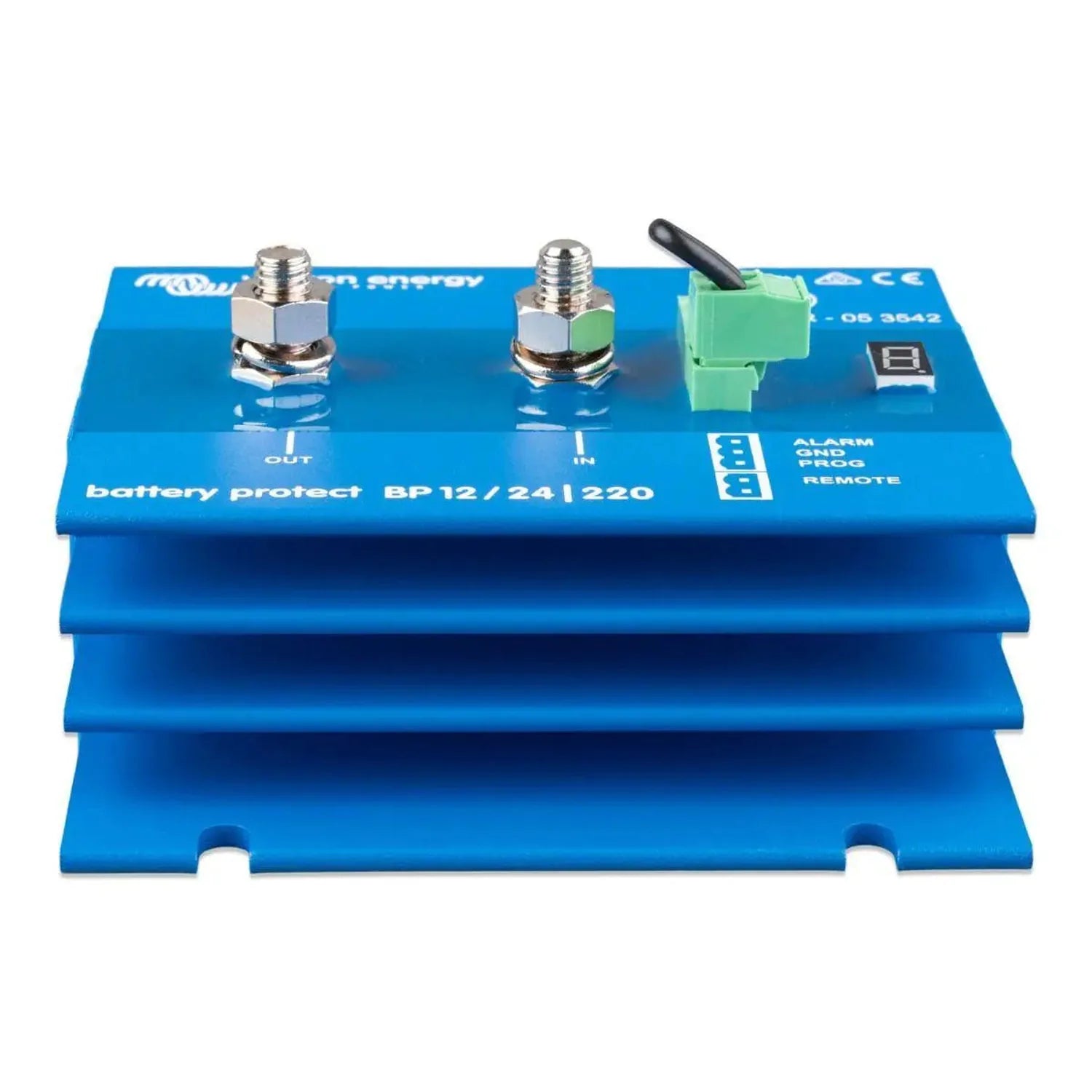 Victron BatteryProtect BP12/24|220 battery isolator with two metal terminals, green connector block, and black toggle switch 