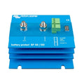 Victron Battery Protect BP 48/100 blue device with two metal terminals labeled OUT and IN, green terminal blocks, and digital