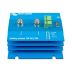Victron Battery Protect BP 48/100 blue device with two metal terminals labeled OUT and IN, green terminal blocks, and digital