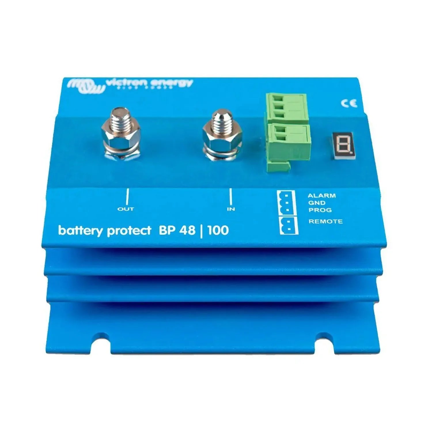 Victron Battery Protect BP 48/100 blue device with two metal terminals labeled OUT and IN, green terminal blocks, and digital
