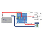 Wiring diagram showing Victron AGM battery connected to BatteryProtect controller with remote, LED, relay, buzzer, and DC loa