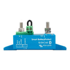 Victron Smart BatteryProtect 12/24V 65A device shown from above with blue housing, green terminal block with black loop handl