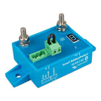 Blue rectangular battery protection device with two metal terminals, green terminal blocks, digital display, and mounting hol