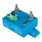 Blue battery protection device with two M8 terminals, green terminal block, digital display, and mounting bracket shown again