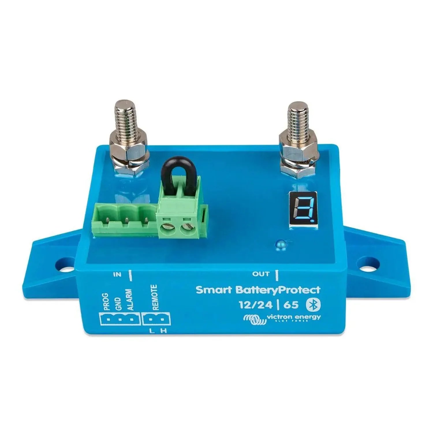 Victron Smart BatteryProtect 12/24V 65A device with two studs at top, green terminal block, digital display, and mounting hol