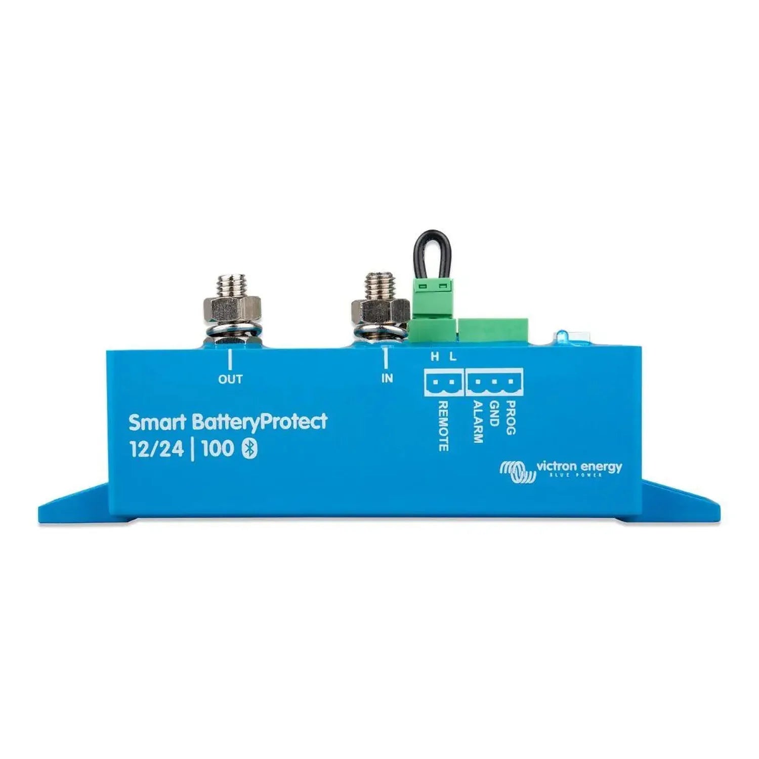 Victron Smart BatteryProtect 12/24 100 battery isolator with input and output terminals, green connector block, and status in