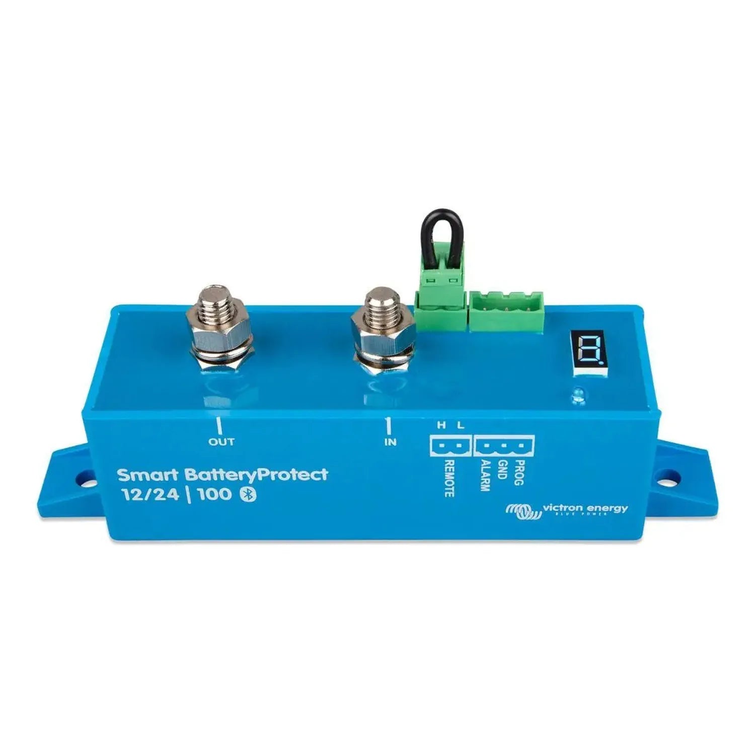 Victron Smart BatteryProtect 12/24V 100A battery isolator, blue rectangular device with two metal terminals, green terminal b