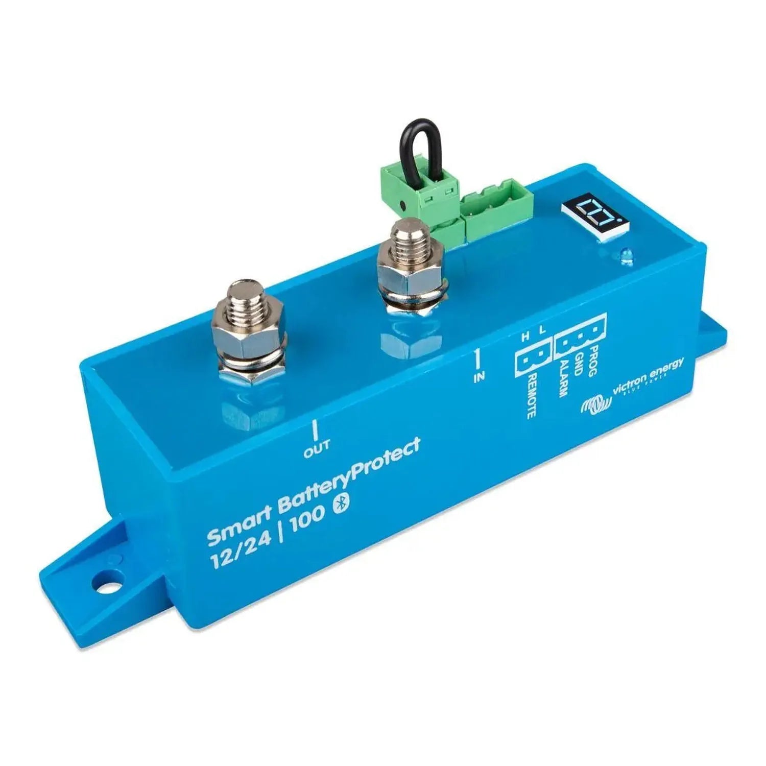 Victron Smart BatteryProtect 12/24V 100A blue rectangular device with two metal terminals, green connection blocks, black han