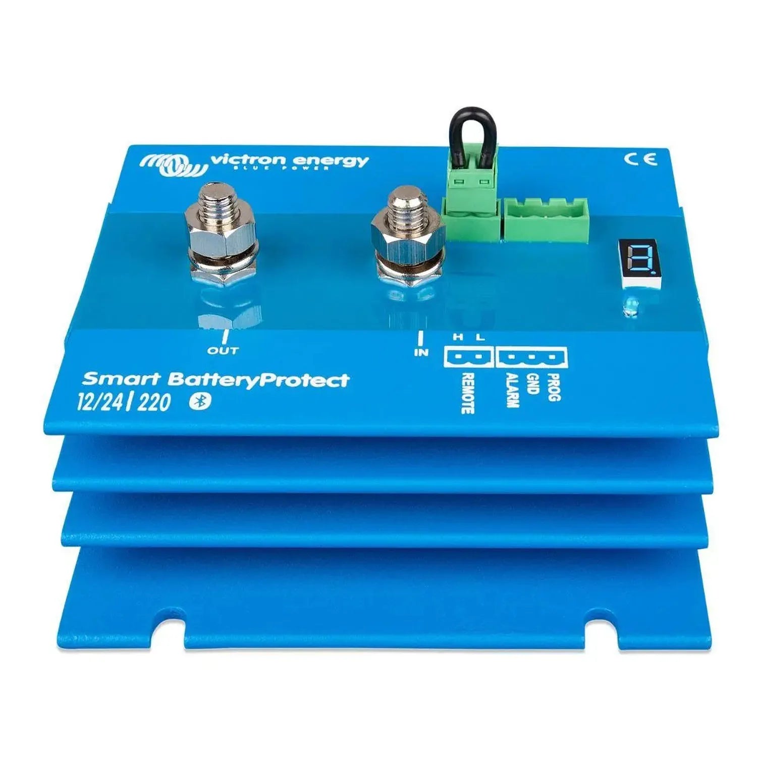 Victron Energy Smart BatteryProtect 12/24/220 device showing blue casing with two metal terminals, green terminal block, digi