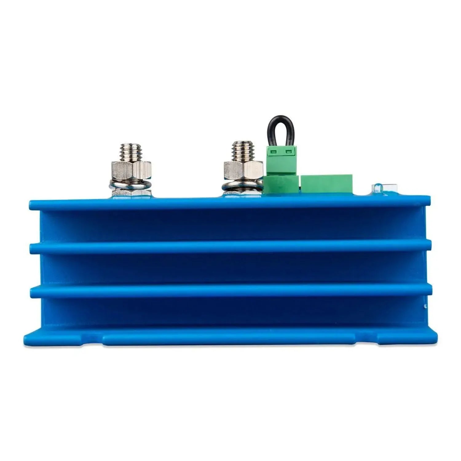 Blue battery protection device with internal horizontal fins, metal terminal connectors, and green mounting bracket on top.