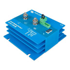 Blue battery protection device with two metal terminals, green connector block, digital display, and finned heatsink base.