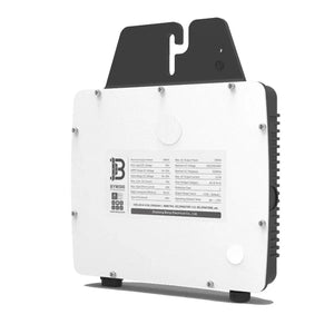 White and black solar microinverter with mounting bracket and specifications label visible on front panel.