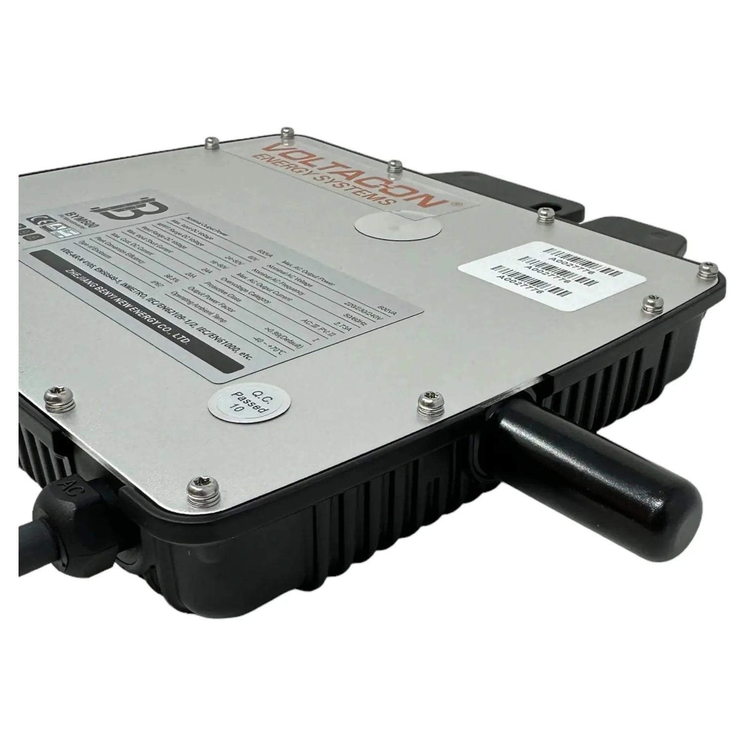 Voltacon VMI600 microinverter top view showing white metal cover plate with specifications label, silver mounting screws, bar