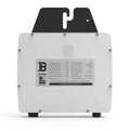 Benyi BYM500 PV microinverter front view showing white metal enclosure with specifications label and black mounting bracket.