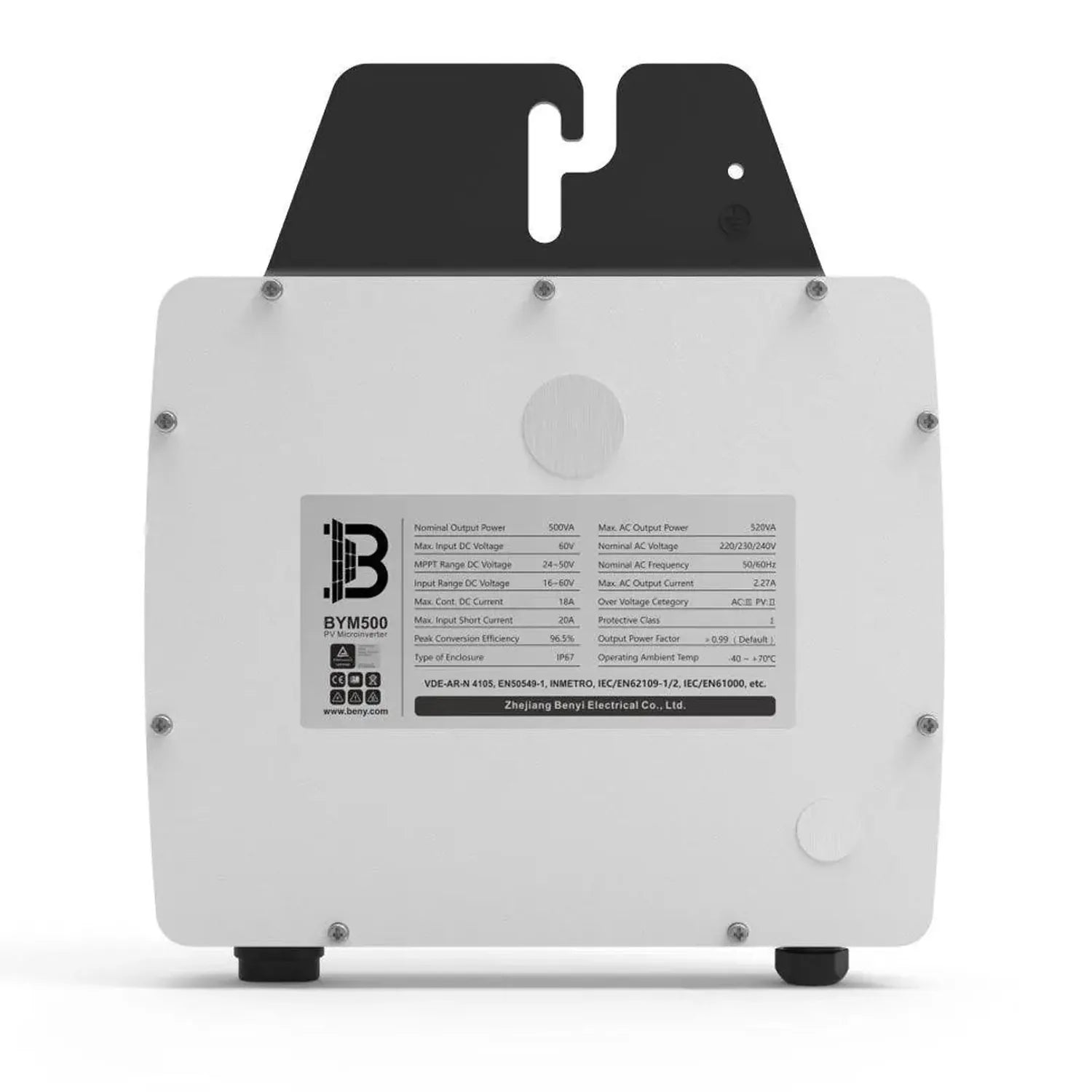 Benyi BYM500 PV microinverter front view showing white metal enclosure with specifications label and black mounting bracket.