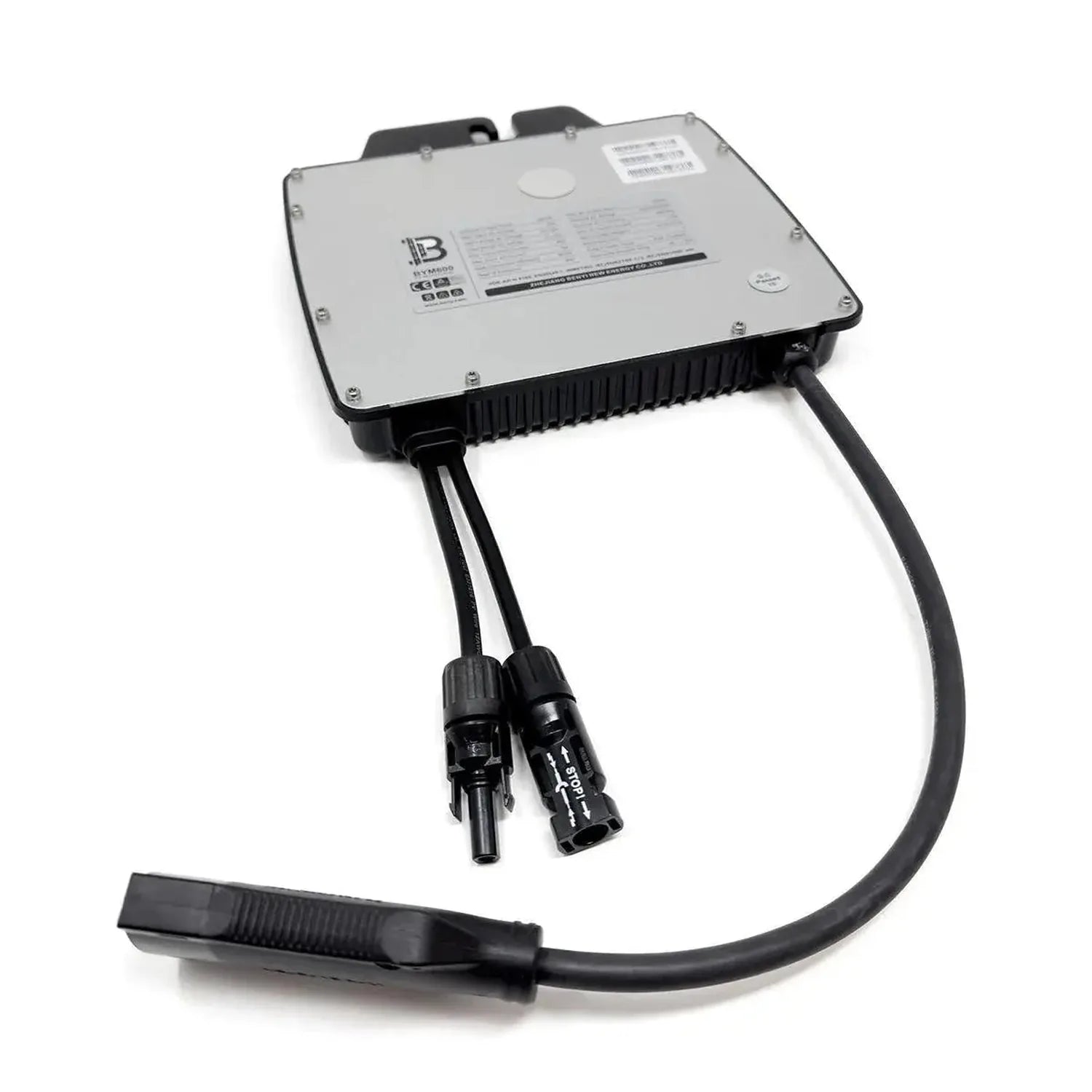 Voltacon VMI600 solar microinverter with aluminum faceplate, black heatsink fins, and attached MC4 connector cables on white 