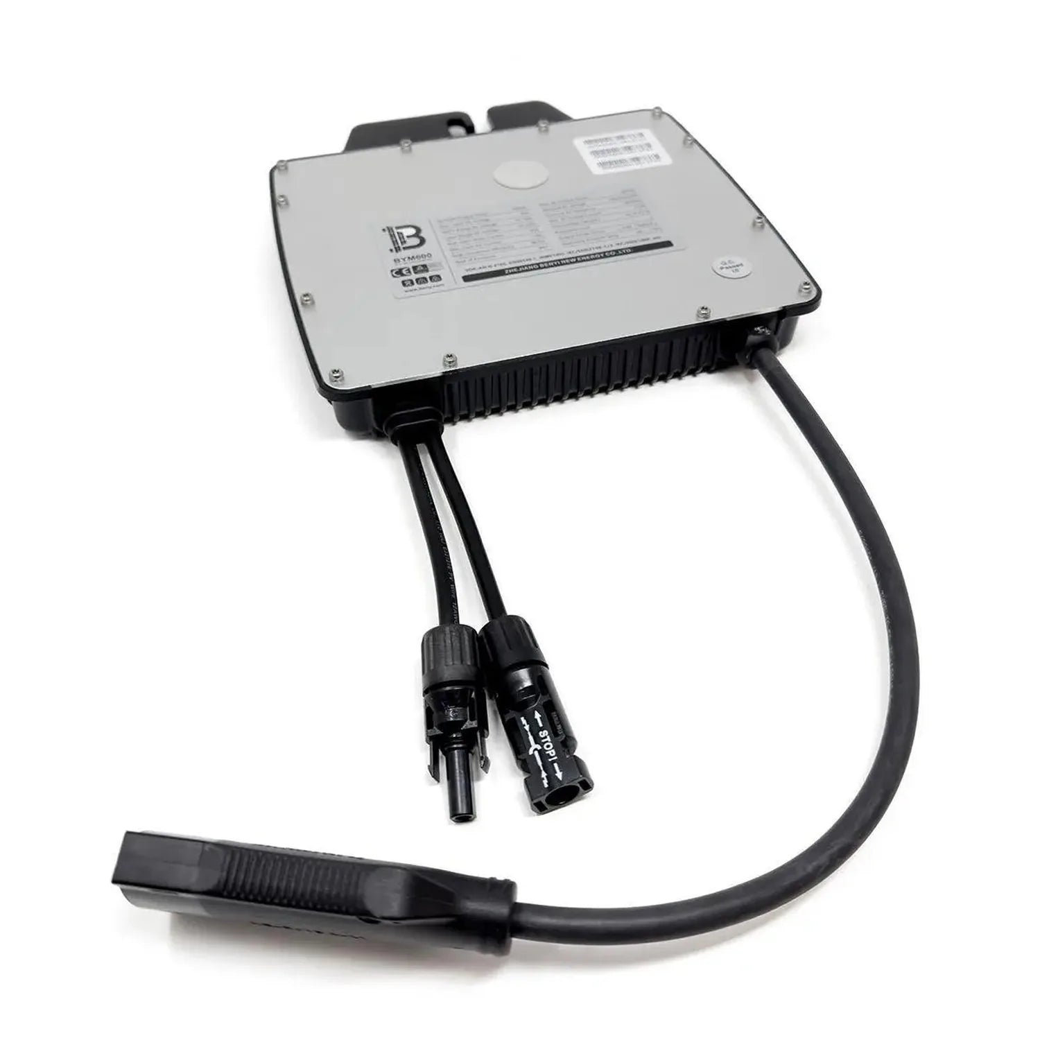 600W grid-tied solar microinverter with white faceplate, black aluminum housing, and two MC4 connectors with attached cable.