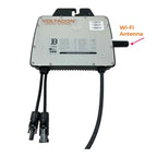 Voltacon Energy Systems BYM600 microinverter with Wi-Fi antenna, showing top view with specifications label and DC connectors