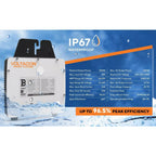 Voltacon Energy Systems IP67 waterproof microinverter with specifications overlay on water background.