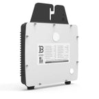 White and black solar microinverter with specification label visible, mounted on white background showing front panel with co