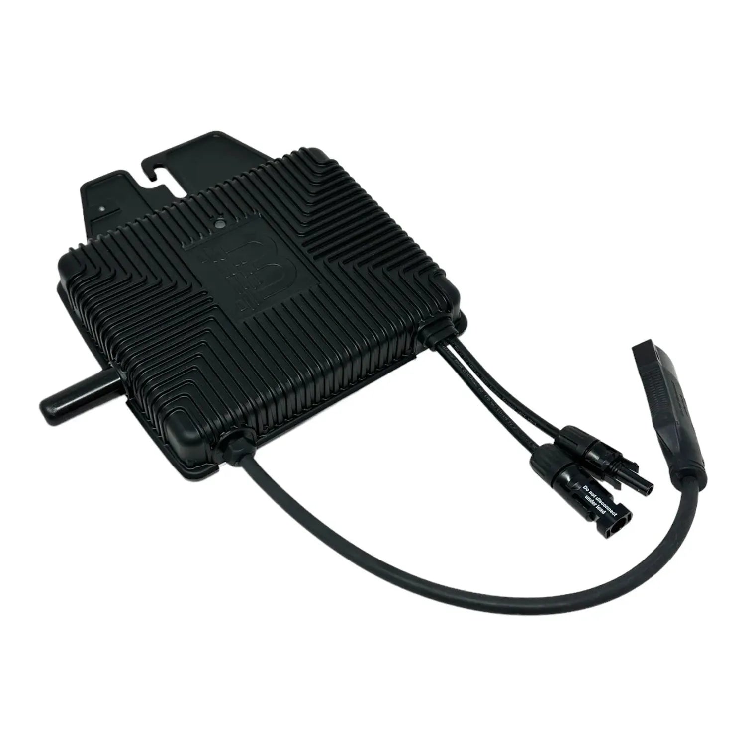 Black solar microinverter with ribbed cooling fins, attached power cable with MC4 connectors and mounting bracket, product al