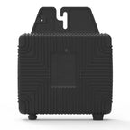 Black rubber floor mat with ribbed pattern and mounting bracket detail, top view.