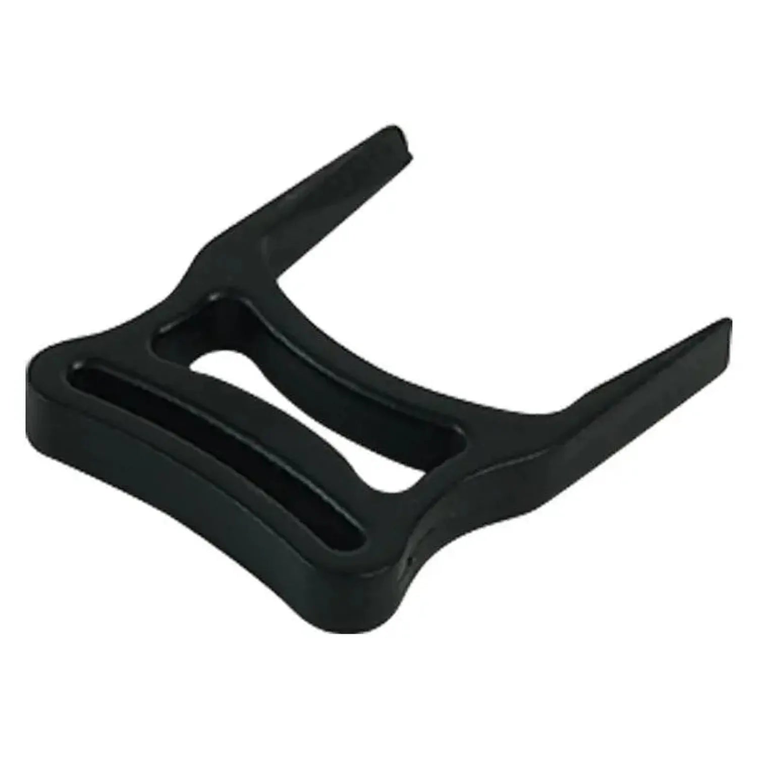 Black plastic mounting bracket with curved arms and central slot, product detail view.