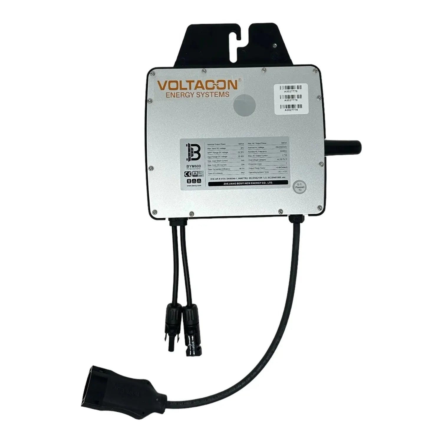 Voltacon Energy Systems microinverter with mounting bracket, connectors, and specifications label visible on silver faceplate