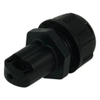 Black cylindrical solar microinverter with threaded connector housing and cable gland, angled product view.