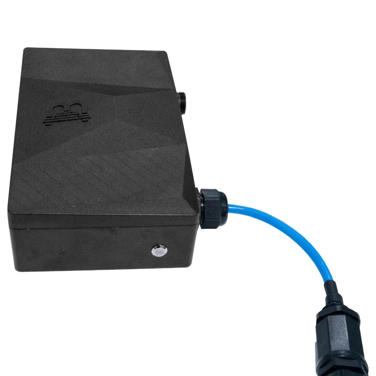 Black rectangular Ethernet gateway box with blue cable connector attached, showing small LED indicator light.