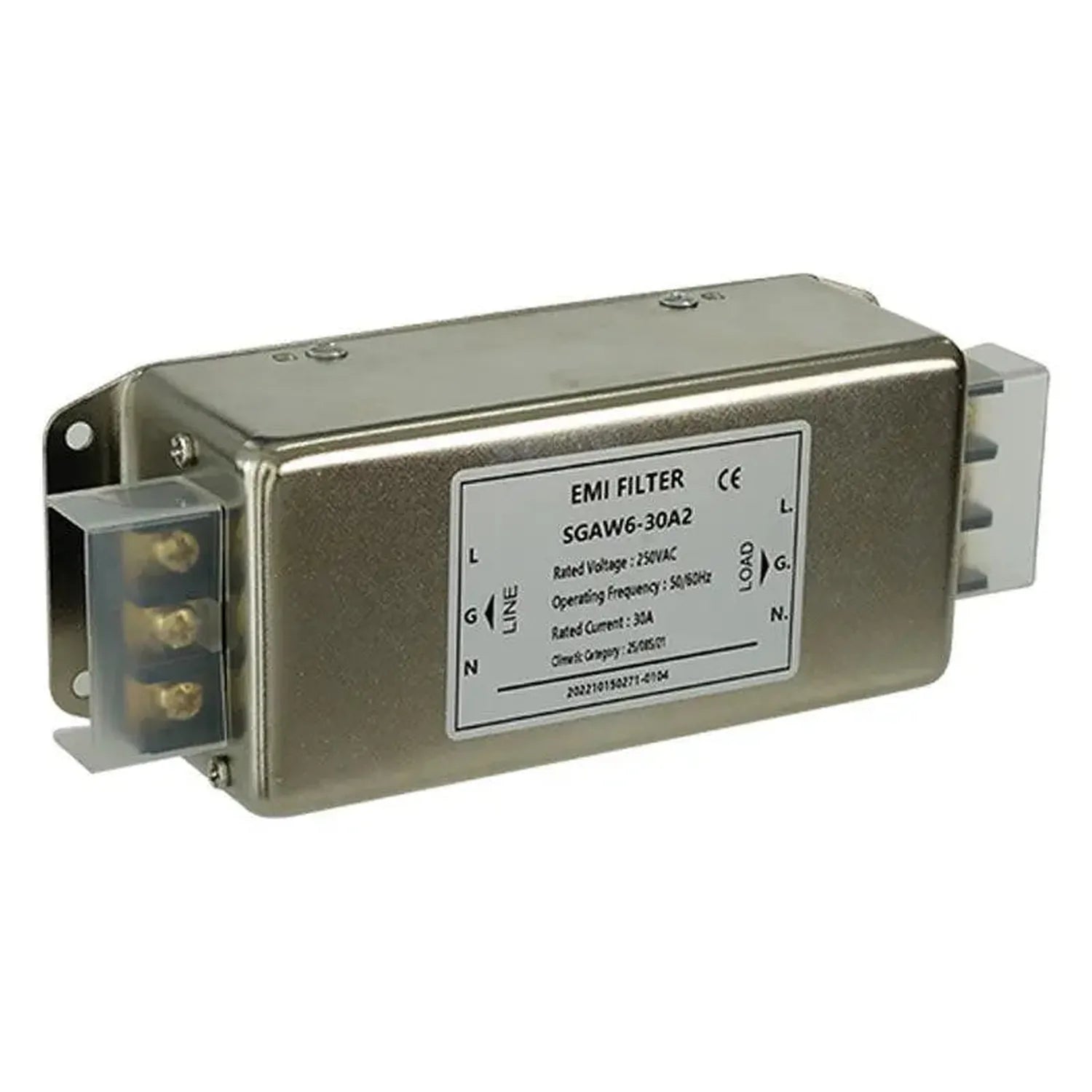 SGAW6-30A2 EMI filter device with metal housing, terminal connections, and specification label visible.