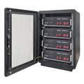 Open black cabinet displaying four stacked Pylontech US5000 battery units with red control buttons and network ports, against