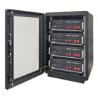 Open black cabinet displaying four stacked Pylontech US5000 battery units with red control buttons and network ports, against