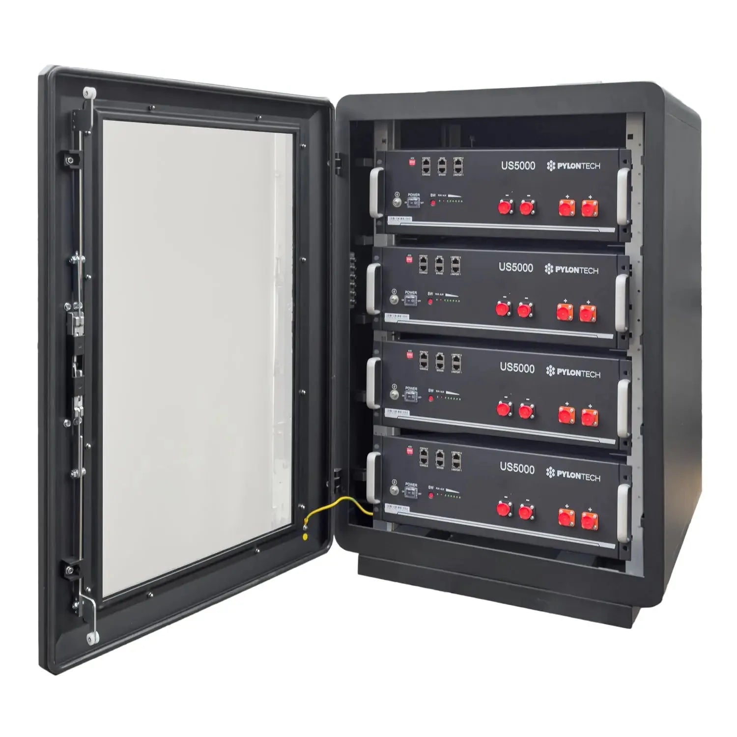 Open black cabinet displaying four stacked Pylontech US5000 battery units with red control buttons and network ports, against