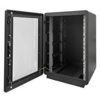 Black metal battery cabinet with open door and transparent panel, revealing internal mounting rails and cable management syst