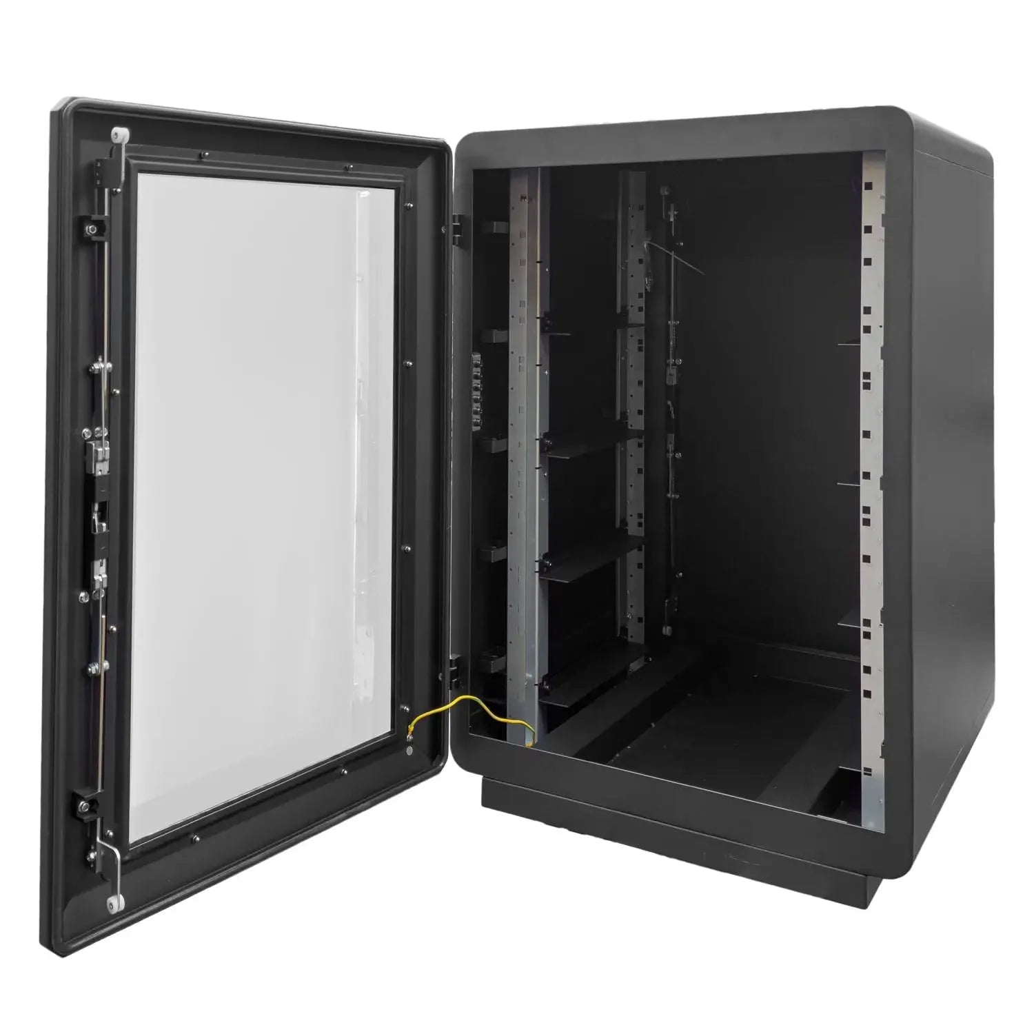 Black metal battery cabinet with open door and transparent panel, revealing internal mounting rails and cable management syst