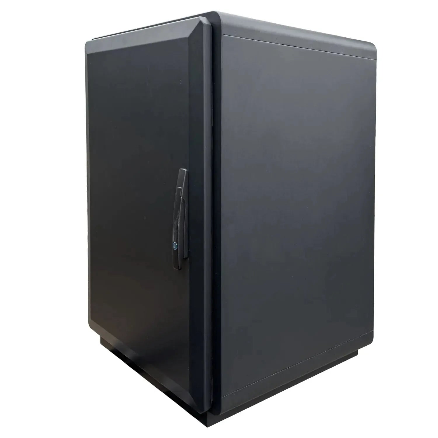 Black battery storage cabinet with hinged door and handle, shown standalone against white background.