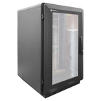Black Pylontech battery cabinet with transparent front door, shown as standalone product shot against white background.