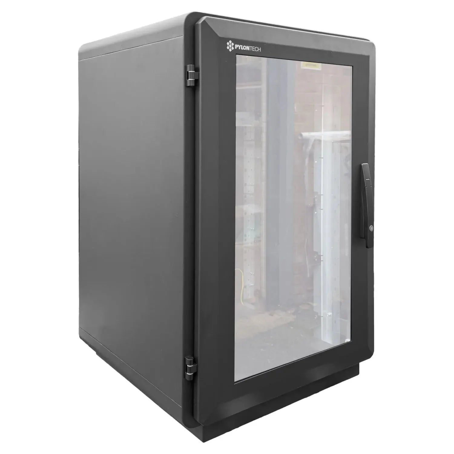 Black Pylontech battery cabinet with transparent front door, shown as standalone product shot against white background.