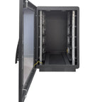 Open black metal server cabinet with vertical mounting rails and yellow cable management, interior view showing empty bay spa