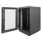 Open black server cabinet with glass front door, empty shelving racks, and cable management visible inside.
