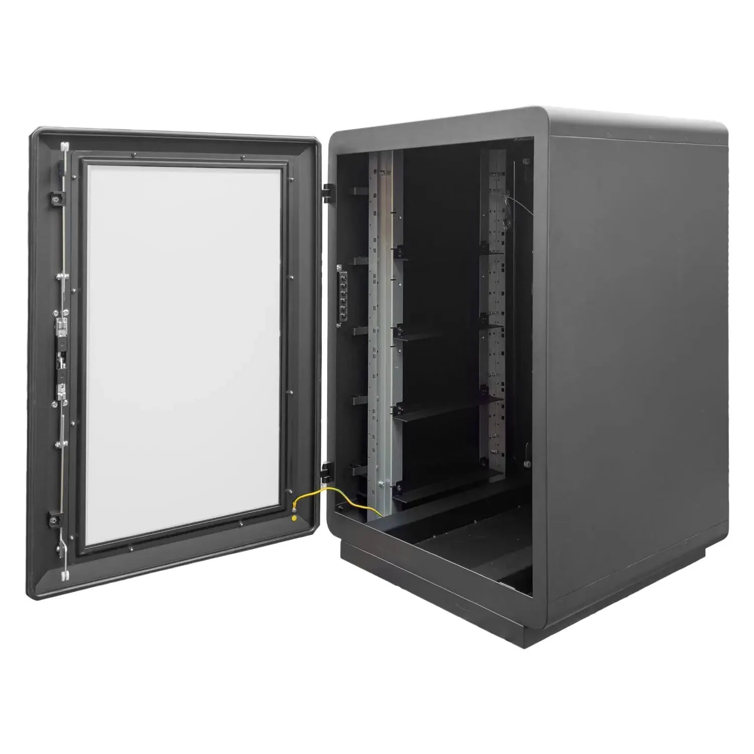 Open black server cabinet with glass front door, empty shelving racks, and cable management visible inside.