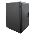 Black rectangular battery cabinet with hinged door and handle, shown open at slight angle against white background.