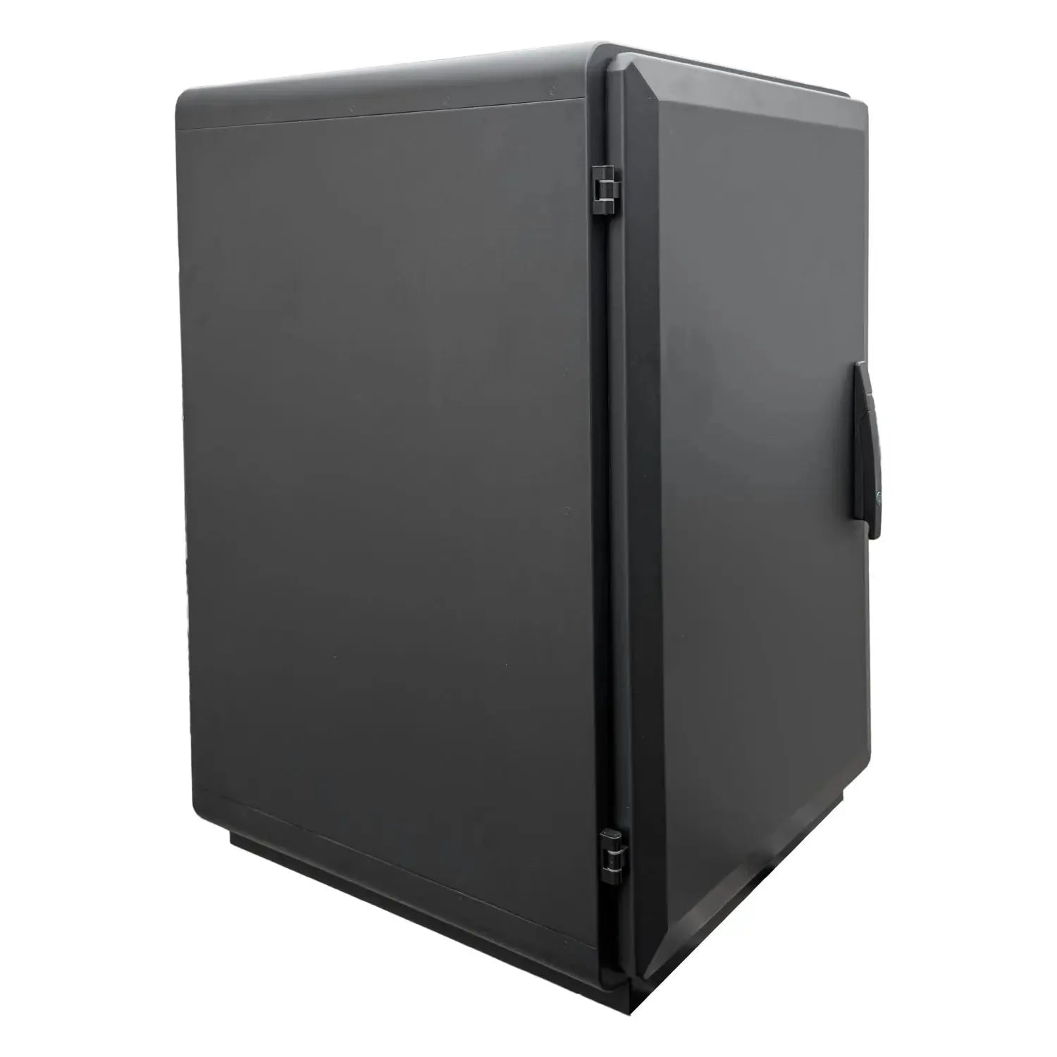 Black rectangular battery cabinet with hinged door and handle, shown open at slight angle against white background.