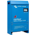 Victron Energy Centaur 12V 20A battery charger, blue metal enclosure with output current gauge and warning label.