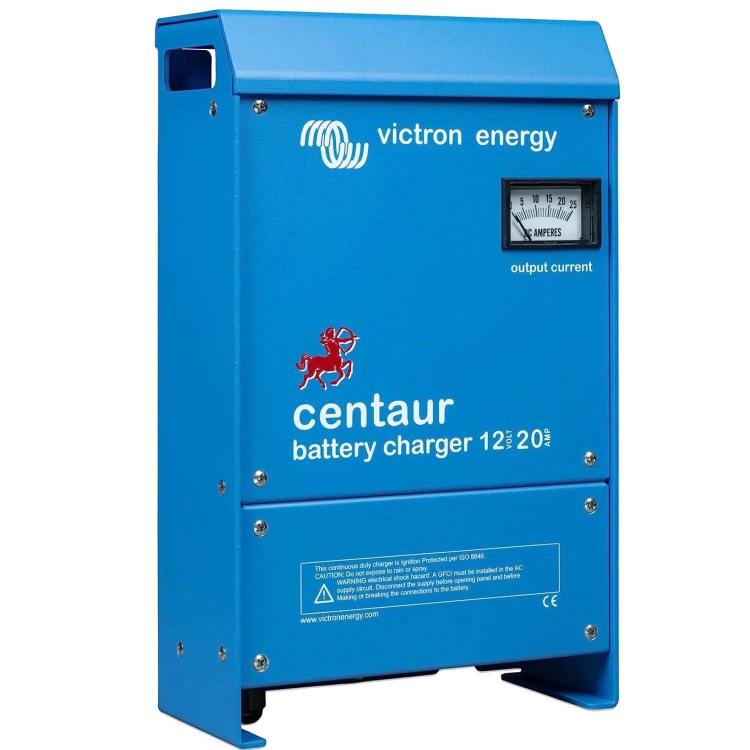 Victron Energy Centaur 12/20 battery charger, blue metal enclosure with analog ammeter gauge and warning label.