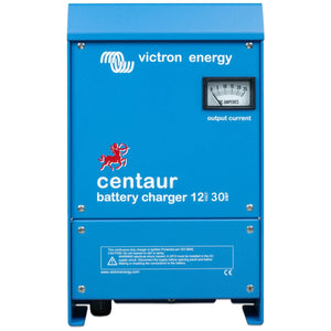 Victron Energy Centaur 12V 30A battery charger with analog output current gauge, front product view.