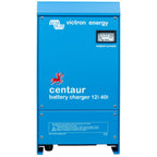 Victron Energy Centaur 12V 40A battery charger, blue metal enclosure with analog ammeter display and warning label.