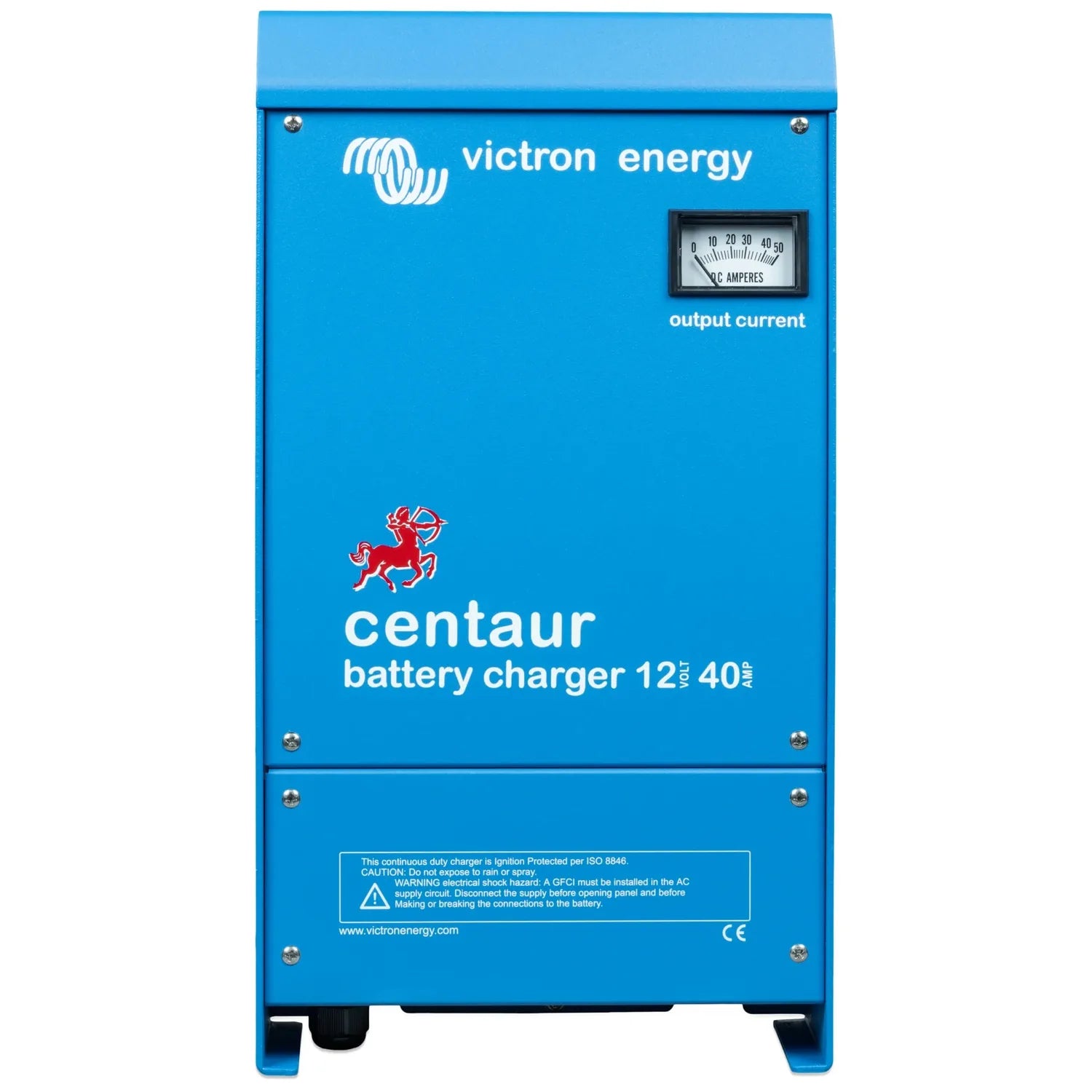 Victron Energy Centaur 12/40 battery charger, blue metal enclosure with analog ammeter display and warning label.